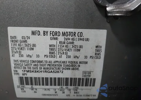 2024 Ford Explorer St-Line z USA, uszkodzony, nr VIN 1FMSK8KH1RGA52872